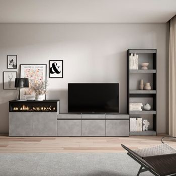 Muebles salón efecto madera cemento 310x35x186cm chimenea efecto fuego