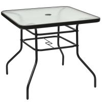 costway mesa auxiliar con tablero de vidrio para patio mesita baja de te con hoyo para sombrilla en metal para jardin balcon 81 x 81 x 71 cm negro
