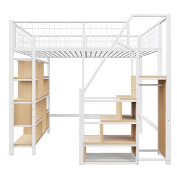 Cama Alta Multifuncional 140 X 200 Cm - Con Almacenamiento, Estantes Y Escalera - Blanco