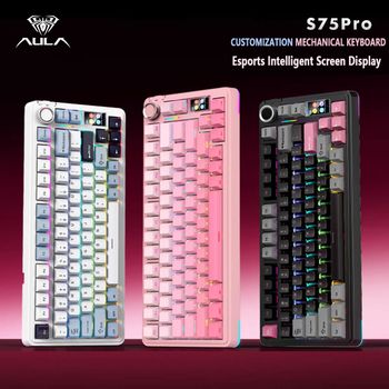 Teclado Mecánico para Juegos AULA S75 Pro, 75%, Intercambiable en Caliente, Retroiluminación RGB, 4000mAh, Teclas PBT, Inalámbrico, con Pantalla LED y Perilla