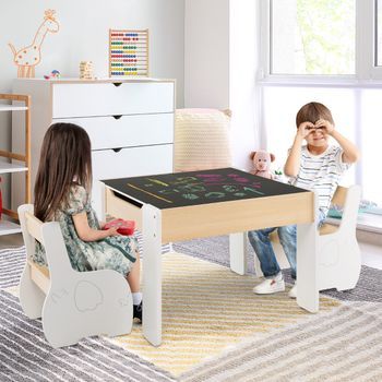 Juego De Mesa Y 2 Sillas Para Niños Mesa De Actividades 4 En 1 Madera Blanco