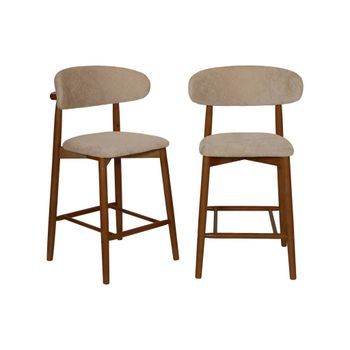 Taburete De Bar De Madera De Hevea Nogal Y Tela Chenilla, Set De 2,