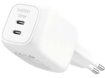 Cargador de pared - Belkin WCH019dqWH, 50W, Compatibles dispositivos con carga USB-C, 2 puertos tipo Blanco
