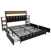 cama tapizada 160 x 200 cm con 2 cajones - polipiel y metal - cabecero con almacenaje y led - negro sin colchon