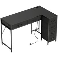 homcom escritorio esquinero de 6 cajones con gancho lateral y tomas integradas en madera y acero 126x48x80 cm negro   aosom espana