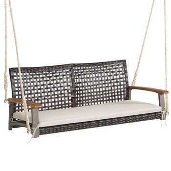 Costway Columpio de Mimbre de 2 Asientos para Porche con Cojín de Asiento Reposabrazos de Madera de Acacia 2 Cuerdas 131 x 68 x 54 cm Blanco