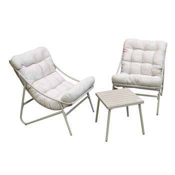 Conjunto De Jardín Para 2 Personas – Beige Con Cojines Blancos – 2 Sillones + Mesa Auxiliar