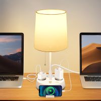 aigostar lampara de mesa e27 con enchufe y toma de corriente salida usb y tipo c lampara de mesita de noche con pantalla de tela lampara de noche para dormitorio salon oficina blanca