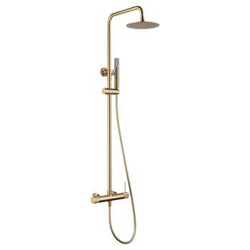 Set Ducha Monocomando Oro Con Cuerpo Latón Acero Soporte Extensible Y Rociador Plano Anticalcáreo