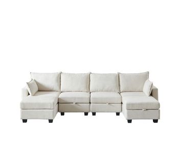 Sofá modular 6 plazas - u, chaise longue, almacenamiento, chenilla - beige