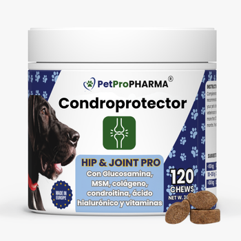 Hip & Joint PRO - Condroprotector Perros y Gatos. Antiinflamatorio Natural para Cadera y articulaciones, con ácido hialurónico,MSM, glucosamina, condroitina, colágeno y vitaminas. 120 Galletas. 360g.