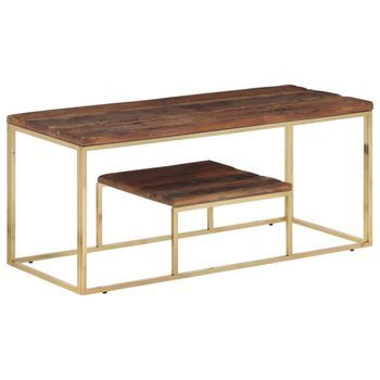 Mesa De Centro Acero Inoxidable Madera Maciza Traviesa Dorado Vidaxl