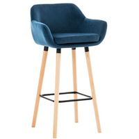 taburete de bar lounge x1 diseno escandinavo asiento de terciopelo azul patas de madera reposapies de metal 100004913
