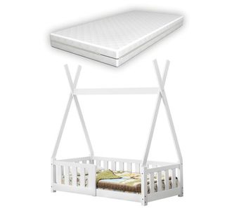 Cama infantil helsingborg con colchón y reja de seguridad - estructura tipi - pino 140x70 cm - blanco mate [en.casa]