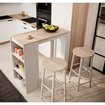 Mesa Alta Con 2 Taburetes | 110x103x50cm | Barra De Cocina Con Estantes | Modelo Kyra | Blanco Y Sonoma