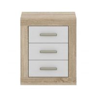 mesita de noche 3 cajones dora 50x62x35 cm diseno enmarcado en roble cambrian y cajones blancos