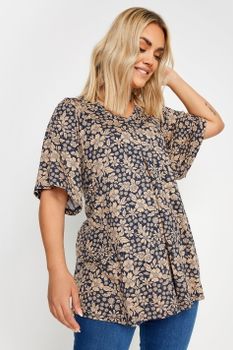 Yours Top Con Vuelo Azul Y Beige De Flores, Mujer Curvy Y Tallas Grandes, Yours
