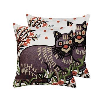 Conjunto De 2 Cojines De Algodón Blanco Negro Marrón 50 X 50 Cm Gato Phusro