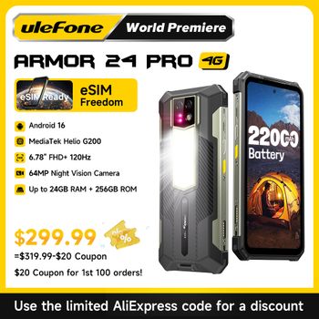 【eSIM】Ulefone Armor 24 Pro Teléfono Robusto 22000mAh Helio G200 6.78