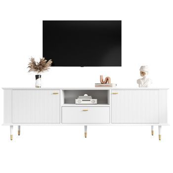 Mueble De Tv Blanco En Mdf 170 Cm Con Estanterías Abiertas, Cajones, Superficie Lacada Estructurada, Bisagras Soft-close, Almacenamiento Moderno Salón