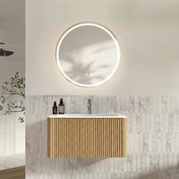 conjunto de mueble de bano suspendido de 80 cm con espejo redondo led de 80 cm