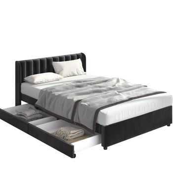 Cama Tapizada De Terciopelo Negra 180x200 Cm Con Cabecero Alto Y Dos Cajones