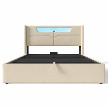 Cama Contenedor 160x200cm Tapizada En Tela De Lino - Con Led Y Puertos De Carga - Con Somier - Beige