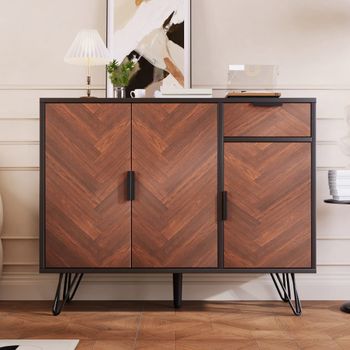 Aparador moderno efecto madera oscura y negro con cajón 90x30x71,5cm