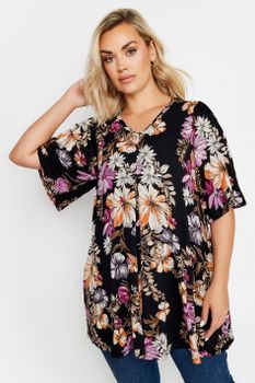 Yours Top Negro Y Rosa De Pico Con Vuelo Estampado Floral, Mujer Curvy Y Tallas Grandes, Yours