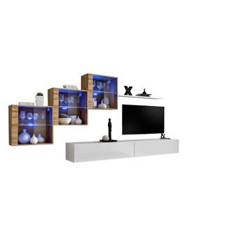 Conjunto De Muebles De Salón Switch Xx Diseño, Color Blanco Brillante Y Roble Wotan.