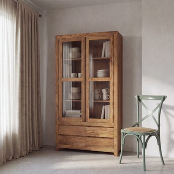 Vitrina de sheesham macizo con 2 puertas y 4 cajones