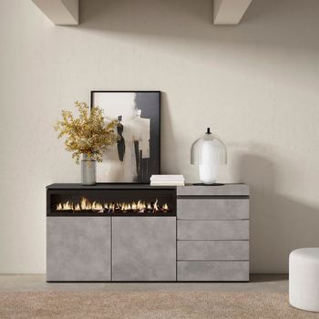Aparador efecto madera cemento 157x35x75cm chimenea efecto fuego