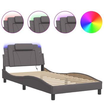 Cama Individual | Cama De Adulto | Estructura Cama Con Luces Led Cuero Sintético Gris 100x200 Cm