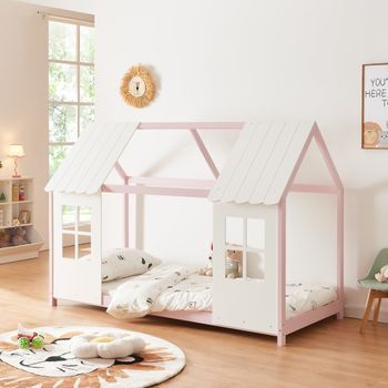 Cama Para Niños Tostedt En Forma De Casita 90x200 Cm - Rosa/blanco [en.casa]