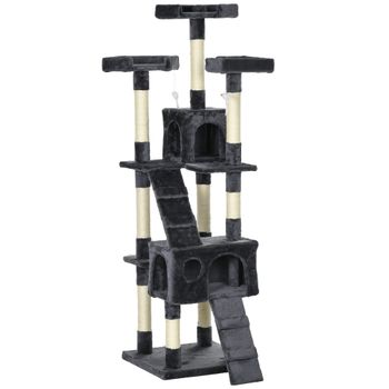PawHut Árbol para Gatos Torre para Gatos con Nidos Escaleras Juguetes Colgantes y Postes de Sisal 49x49x173 cm Gris Oscuro