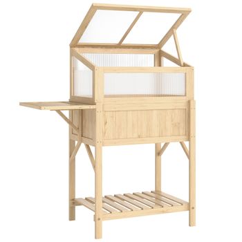 Outsunny Huerto elevado con cubierta tipo invernadero de madera, caja para plantas con invernadero abatible, mesa lateral y estante, madera natural   Aosom España