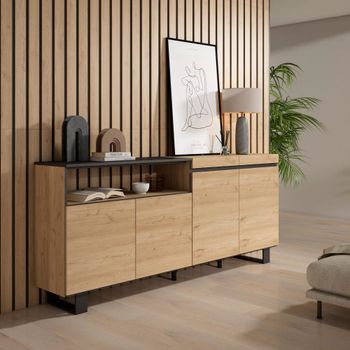 Aparador efecto madera roble y negro 200x35x87cm con patas