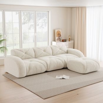 Sofá Modular En Forma De L De 3 Plazas Beige Claro Con Reposapiés