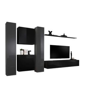 Conjunto De Muebles De Salón Mural Switch Vi De Diseño, En Colores Negro Y Gris Brillante.
