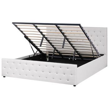 Cama Doble Tapizada Poliéster Beige 180 X 200 Cm Con Almacenamiento Cabecero Acolchado Amiens