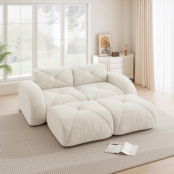 Sofá Modular 2 Plazas Con 2 Taburetes, Sin Marco Antideslizante Para Salón Y Apartamento, Blanco