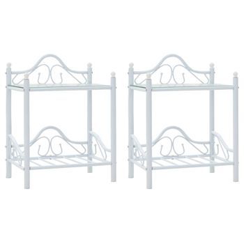 Conjunto De 2 Mesitas De Noche Acero Vidrio Templado 45x30,5x60cm Blanco 1402032