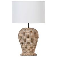 lampara de mesa de ratan con pantalla de tela blanca estilo boho natural color claro furelos