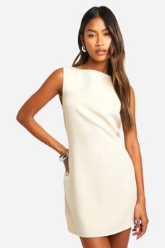 Vestido Mini Micro Acampanado Con Escote Oblicuo, Beige