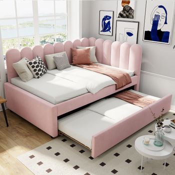 Cama Canapé Doble Tapizada En Terciopelo Rosa, Forma L, Con Respaldo Floral, Con Cama Abatible 140x200 Cm