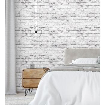 Papel Pintado Vinílico Lavable Efecto Ladrillo Vintage Blanco Y Gris Relieve 3d - Nevada 453171 De Gaulan - Rollo De 10 M X 0,53 M