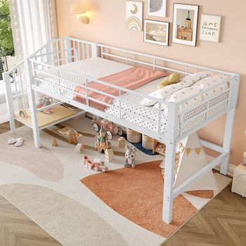 Cama Litera Media Altura 90 X 200 Con Escalera Con Almacenamiento, Color Blanco