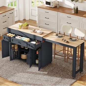 Isla De Cocina Con Ruedas Extensible, Gris, 137-190,6 × 45,2 × 92 Cm