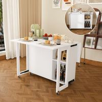 mesa de comedor plegable blanca con ruedas bloqueables y almacenaje