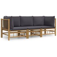 conjunto de muebles de jardin 3 uds  mesa y sillas bambu con cojines gris oscuro